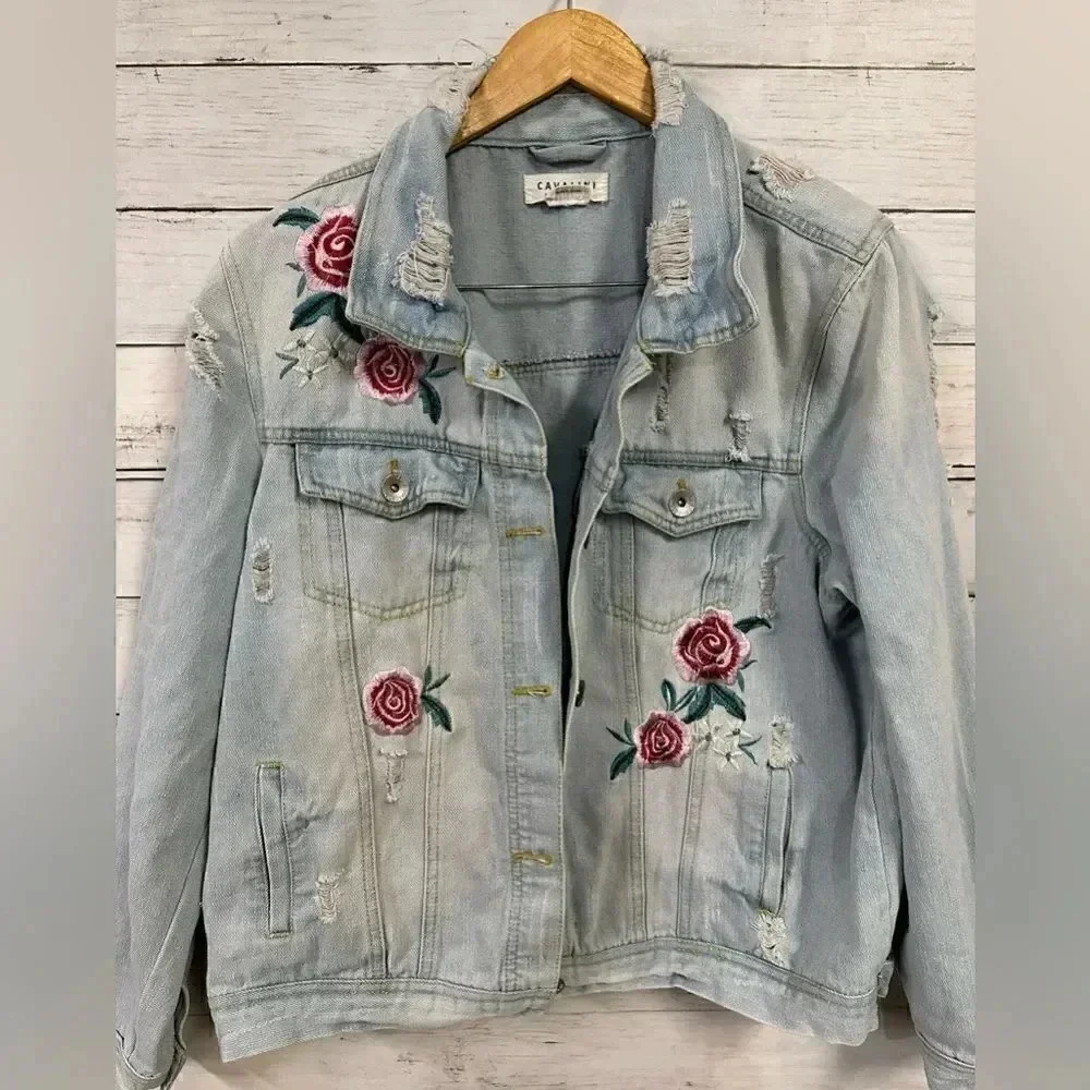 Cavalini Distressed Light Denim Oversized Fit Jacket Size L - Picture 3 of 7